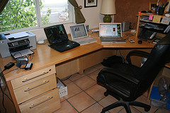 Table, chair, 3 laptops, work area
